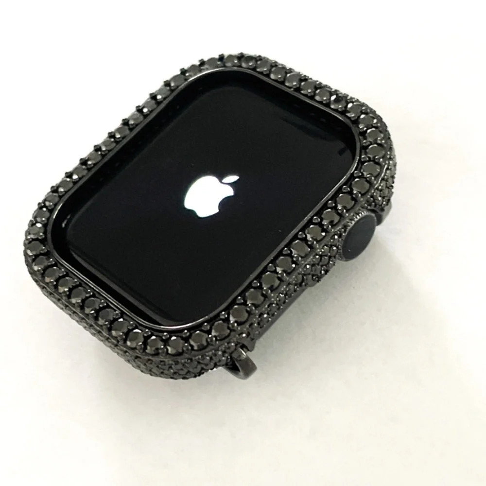 Apple Watch bezel case in black gold with lab diamonds